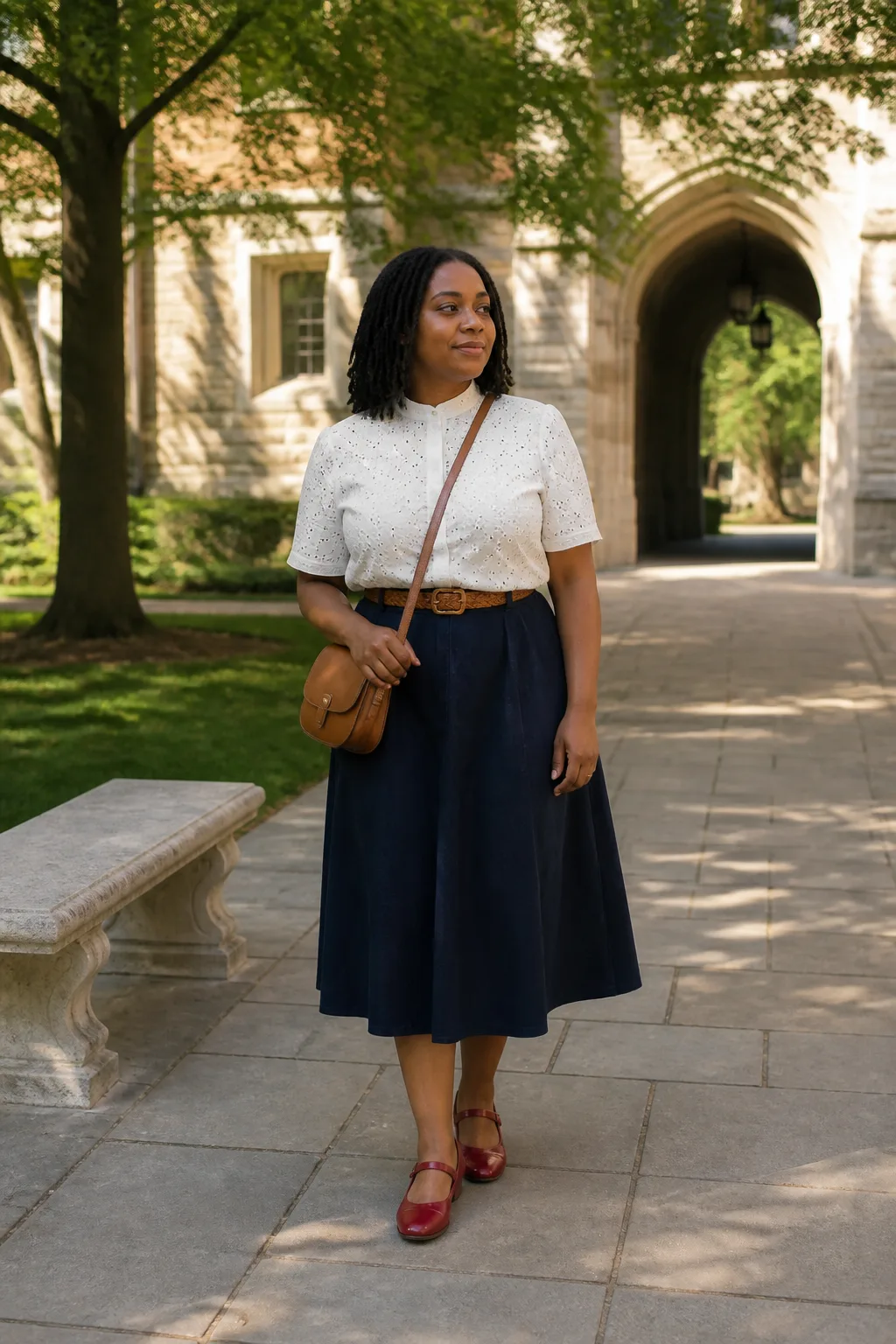 White Eyelet Top with Blue Midi Skirt