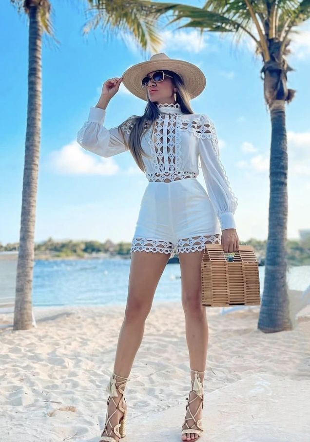 White Lace Romper + Straw Hat + Bamboo Handbag