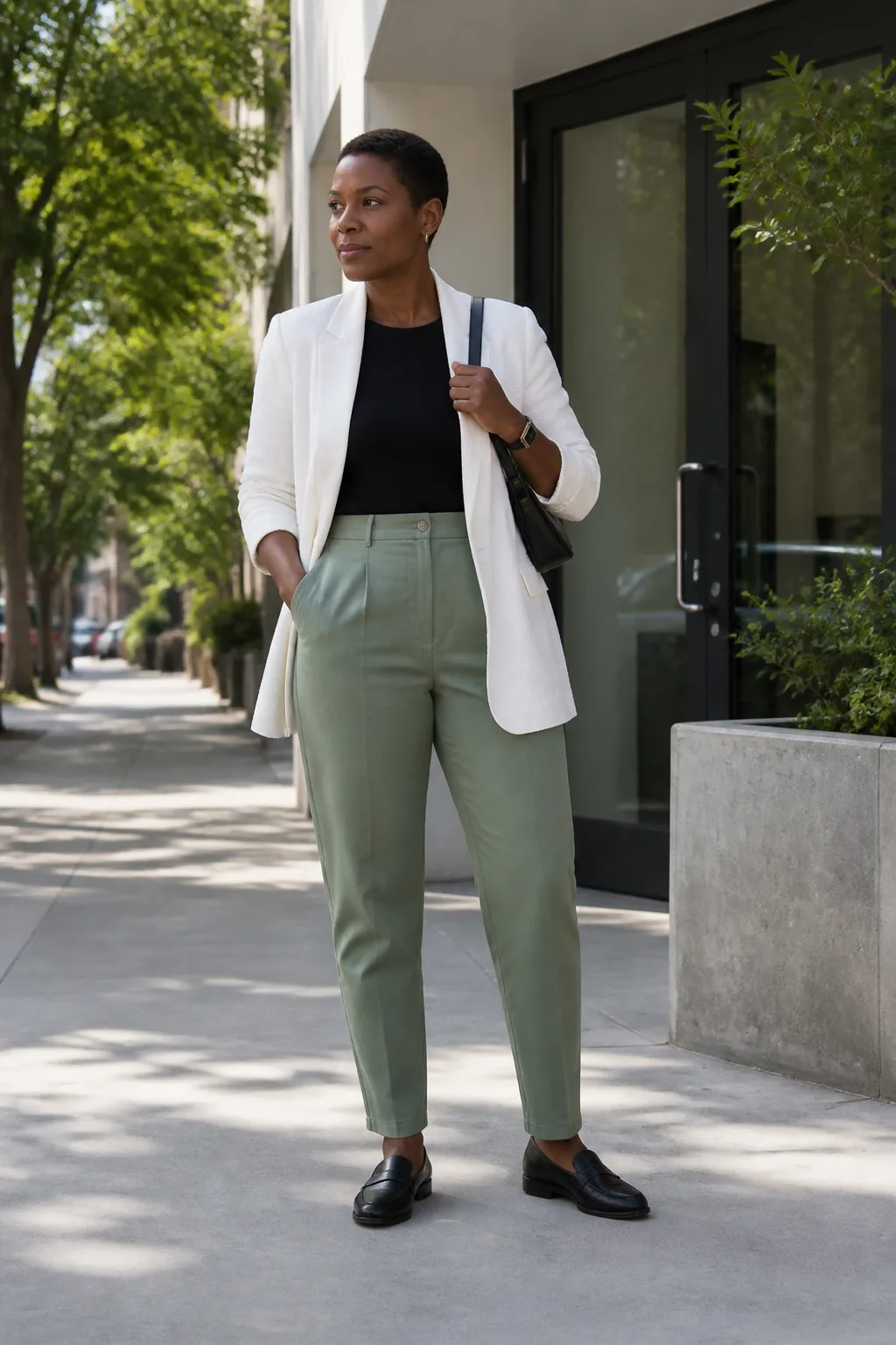 White Linen Blazer with Green Trousers