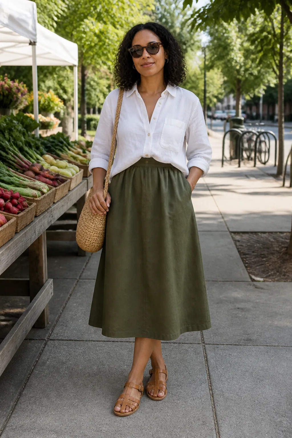 White Linen Shirt with Olive Midi Skirt