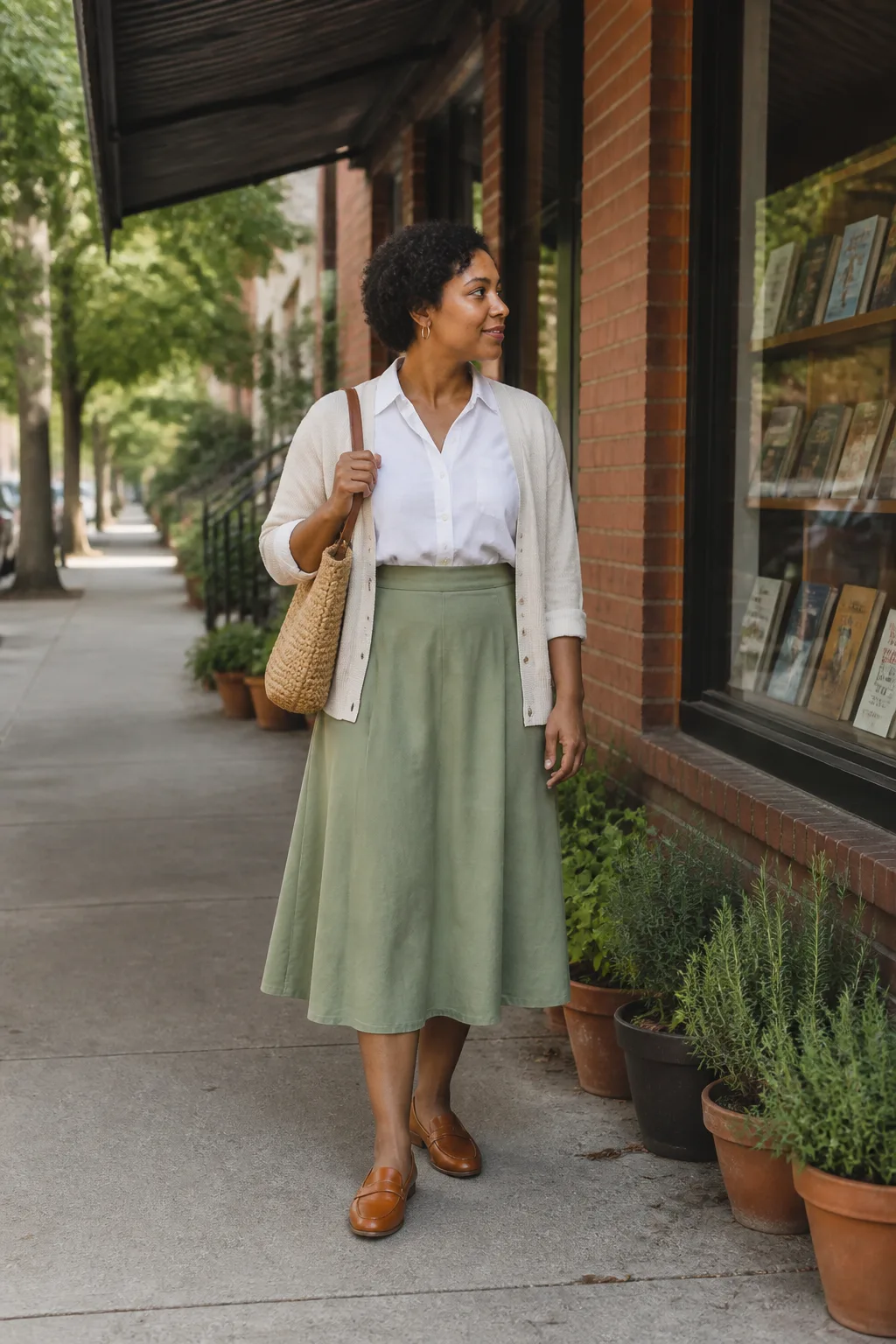 White Linen Shirt with Sage Midi Skirt
