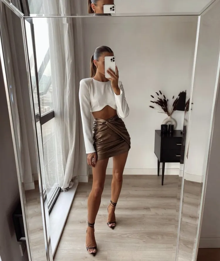White Long Sleeve Crop Top + Brown Ruched Mini Skirt + Black Strappy Heeled Sandals