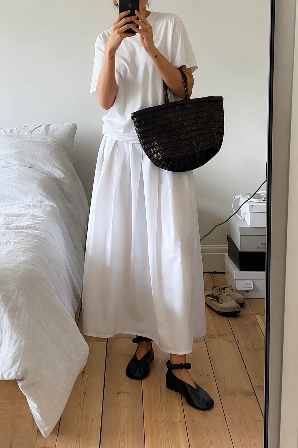 White Oversized T-Shirt + White Midi Skirt + Black Mary Jane Flats