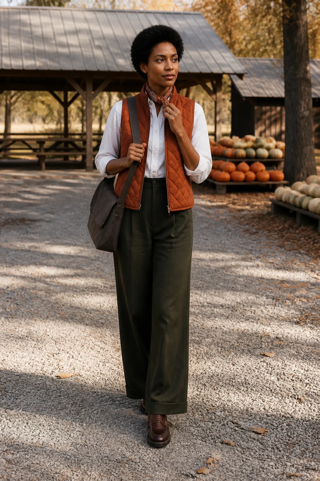 White Oxford, Terracotta Vest, and Wide-Leg Trousers