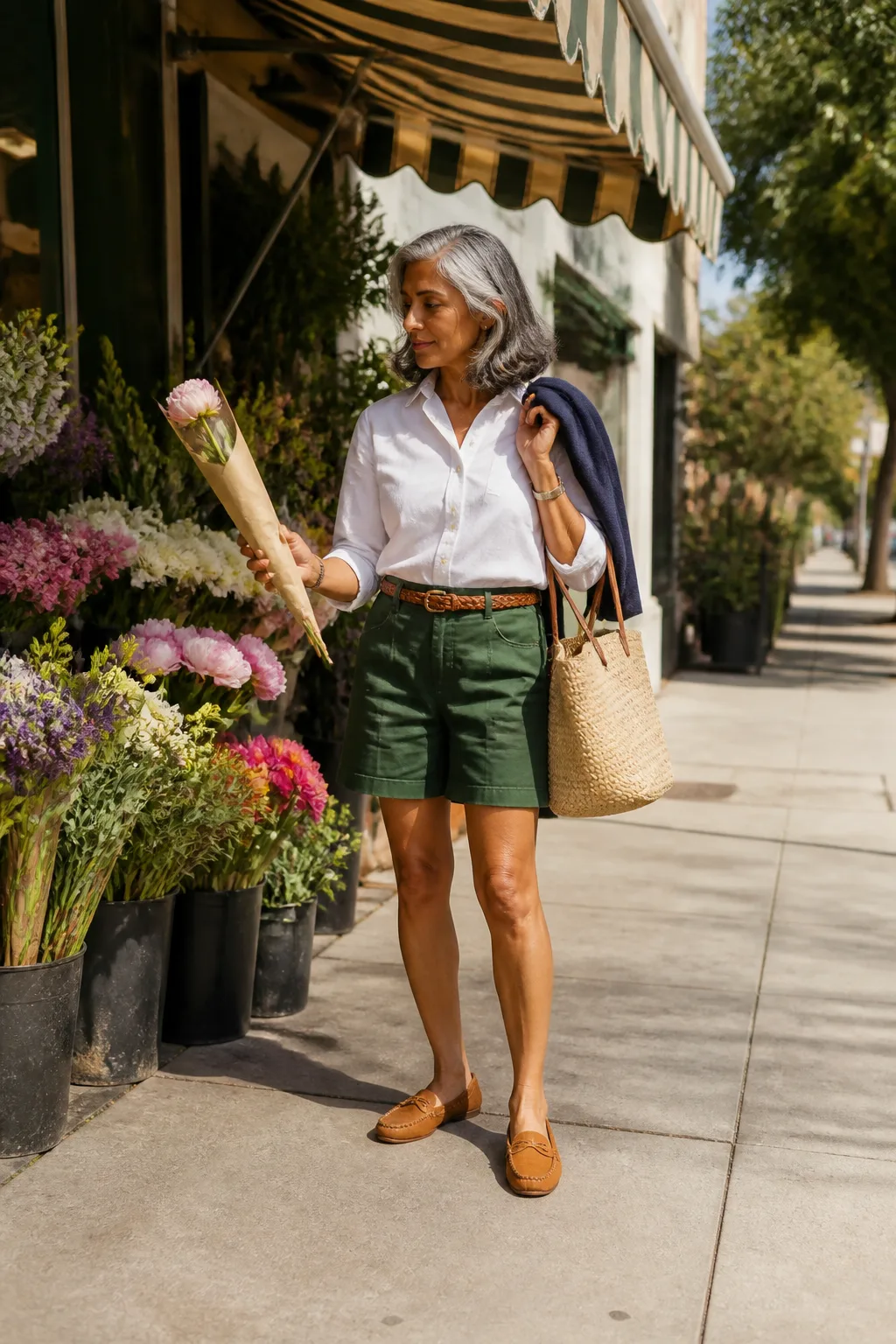 White Oxford with Green Linen Shorts