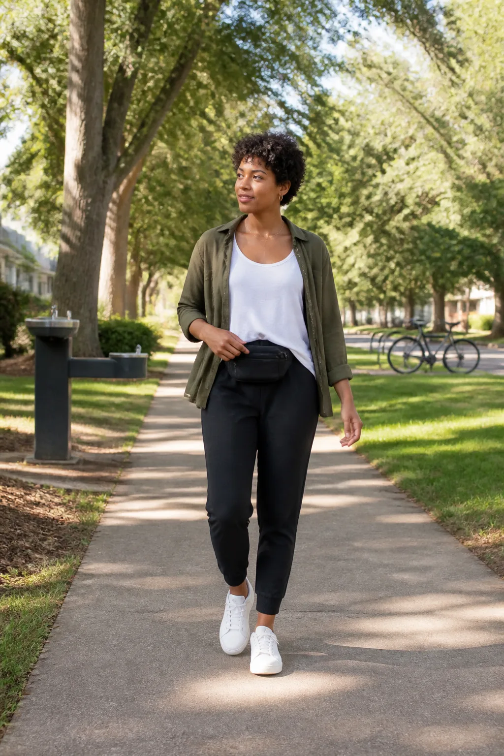 White Performance Tank, Olive Joggers, and Trainers