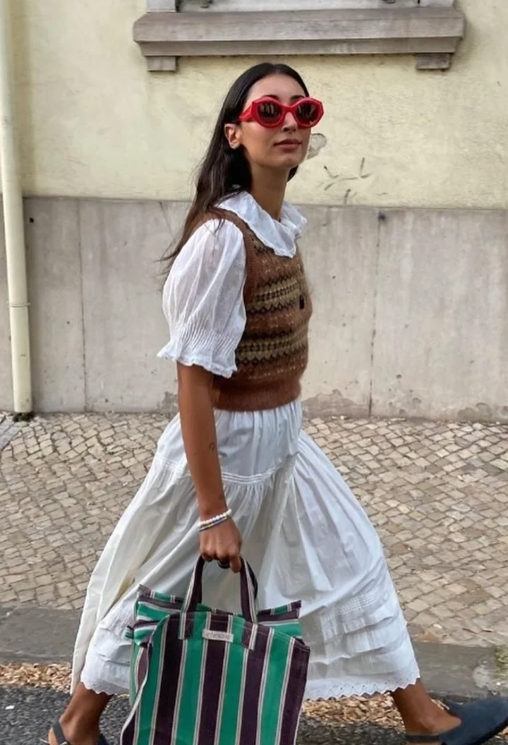 White Puff Sleeve Blouse + Brown Knit Sweater Vest + White Tiered Midi Skirt + Black Mary Jane Flats