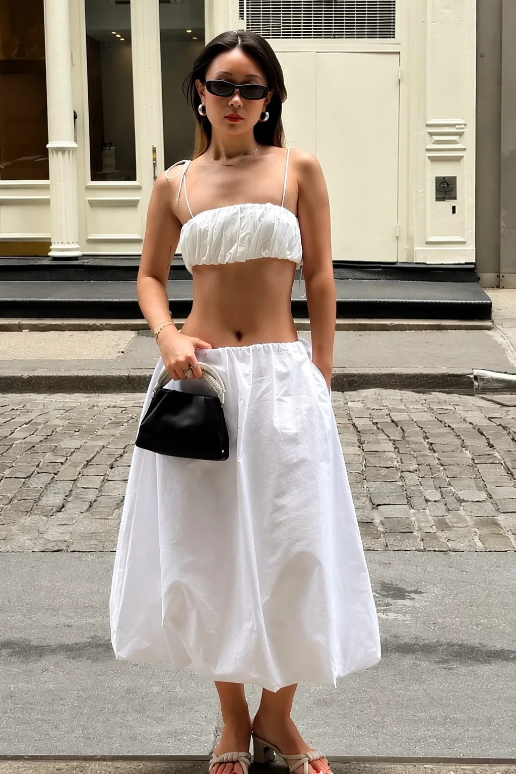 White Ruched Crop Top + White Full Midi Skirt + Black Flat Slide Sandals