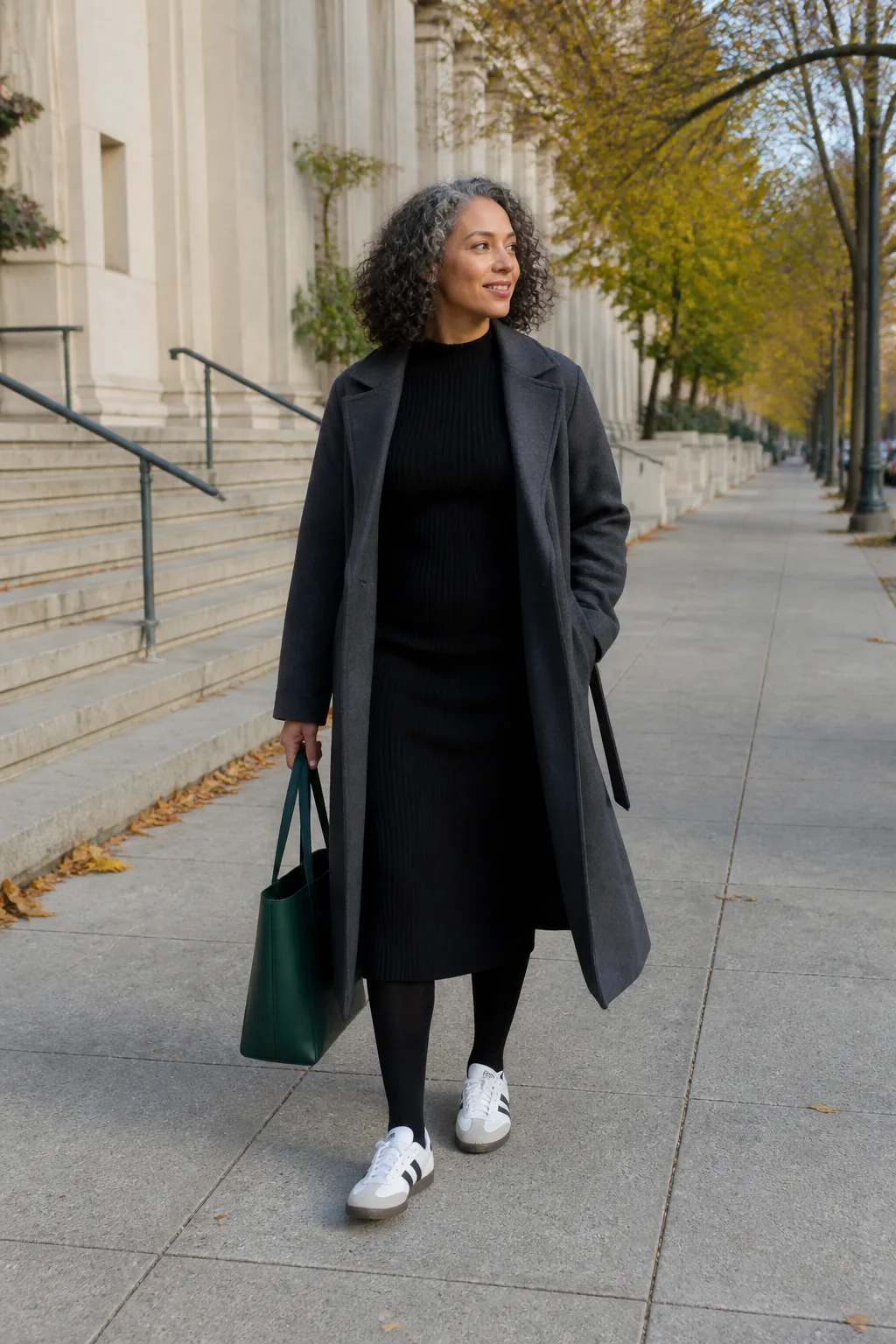 White Sambas with a Black Knit Dress