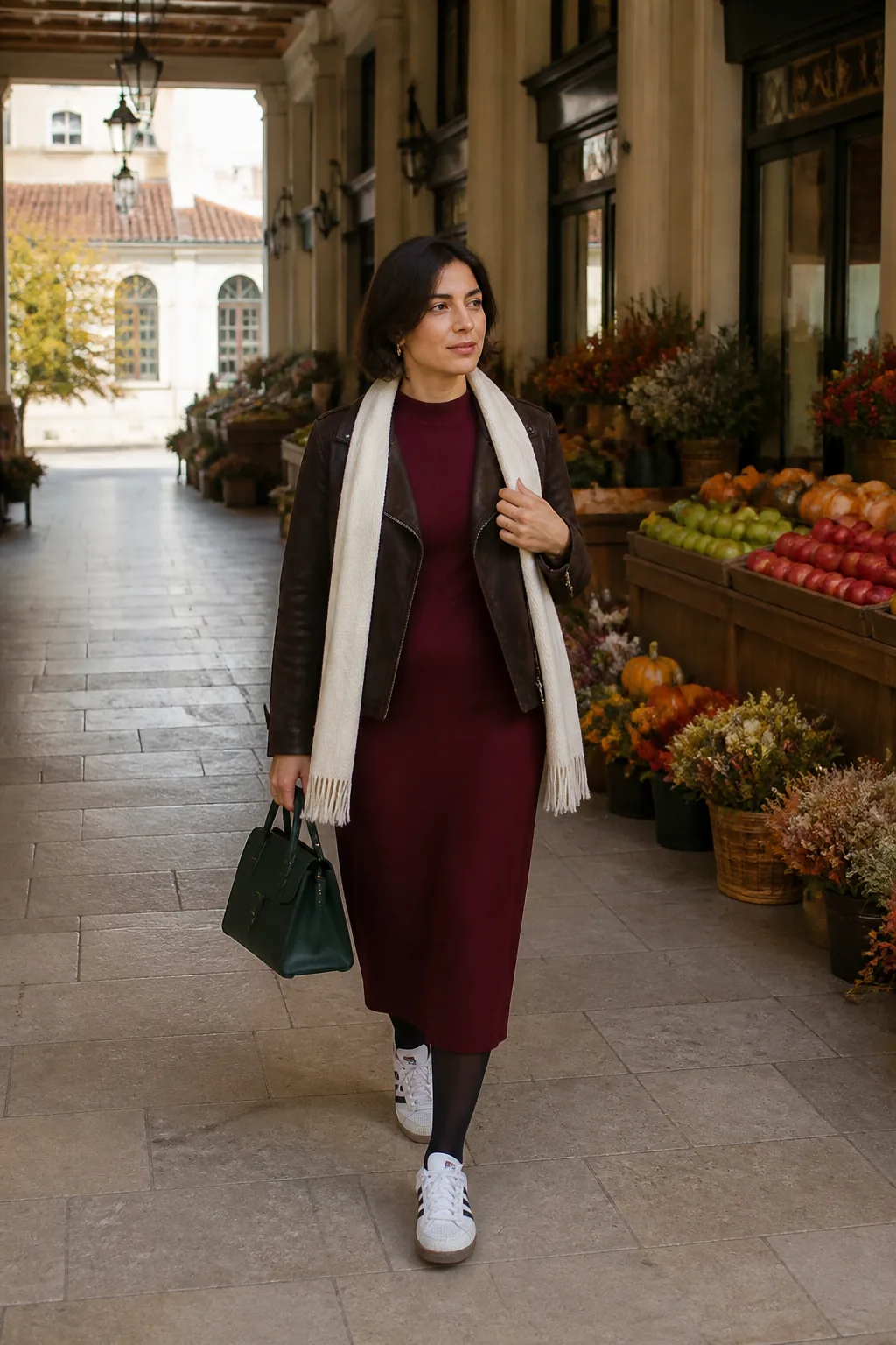 White Sambas with a Burgundy Midi Dress