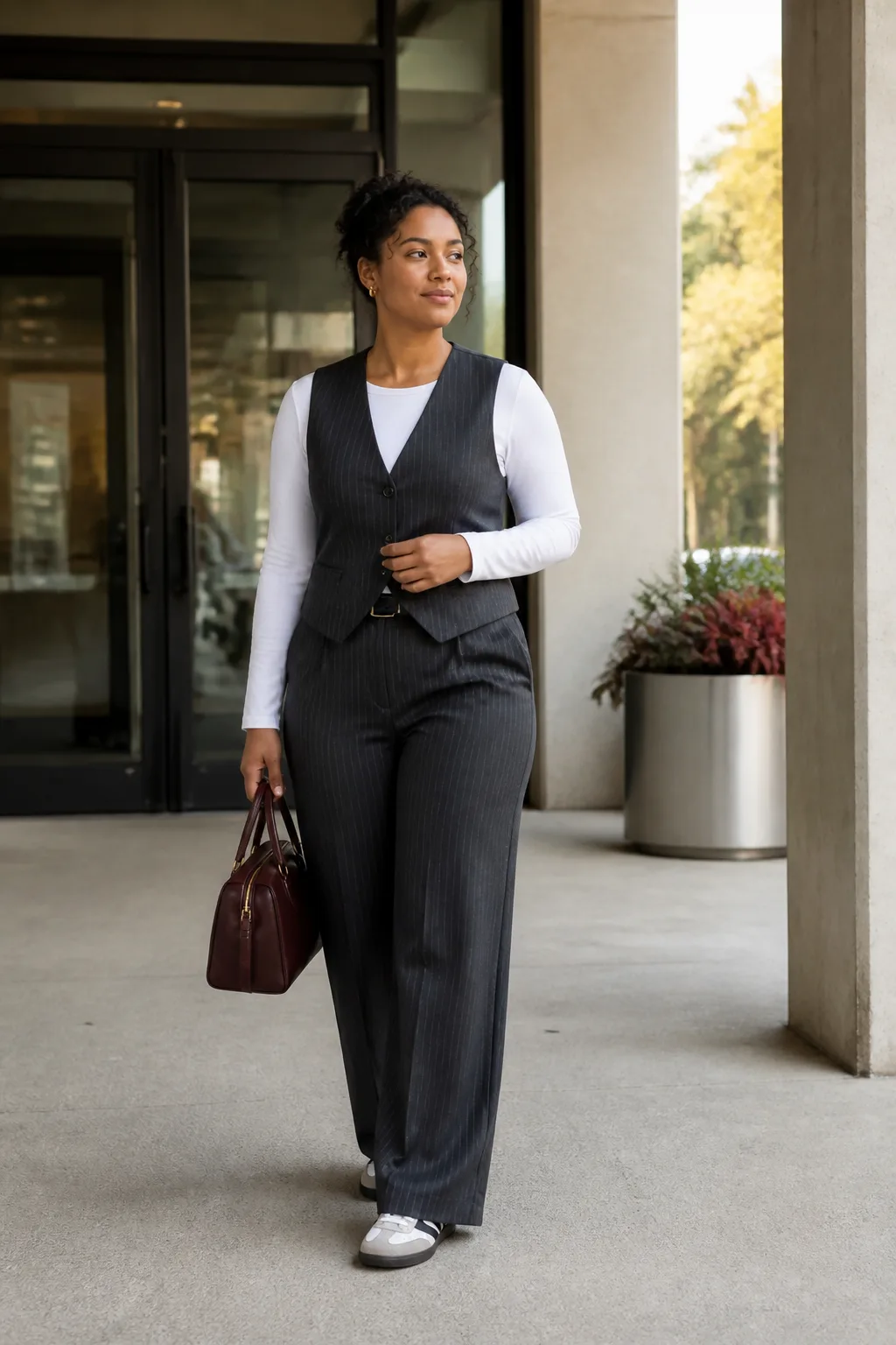 White Sambas with a Tailored Pinstripe Vest