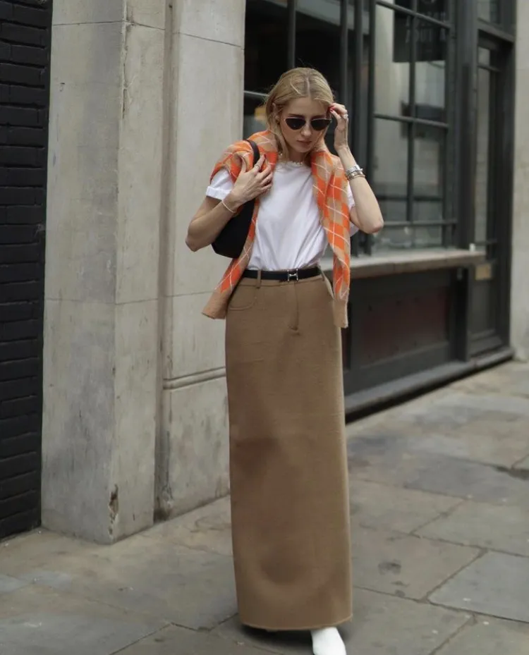 White T-Shirt + Tan Maxi Skirt + Orange Plaid Sweater + Black Belt