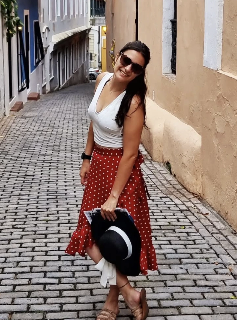 White Tank + Red Polka Dot Skirt + Tan Sandals