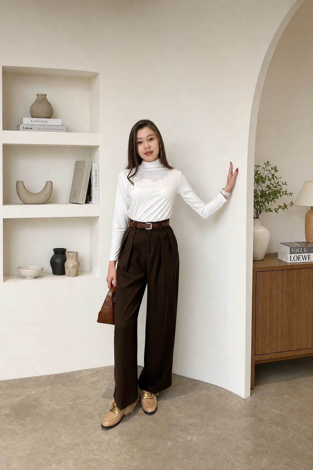 6- White Top and Tailored Brown Trousers