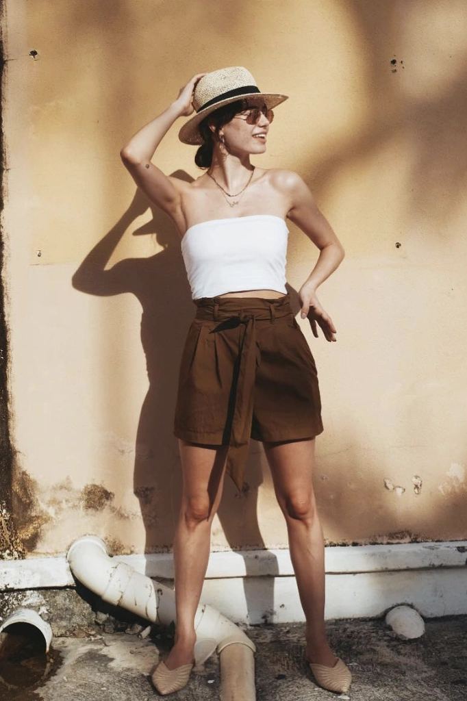 White Tube Top + Brown Tie-Waist Shorts + Straw Hat