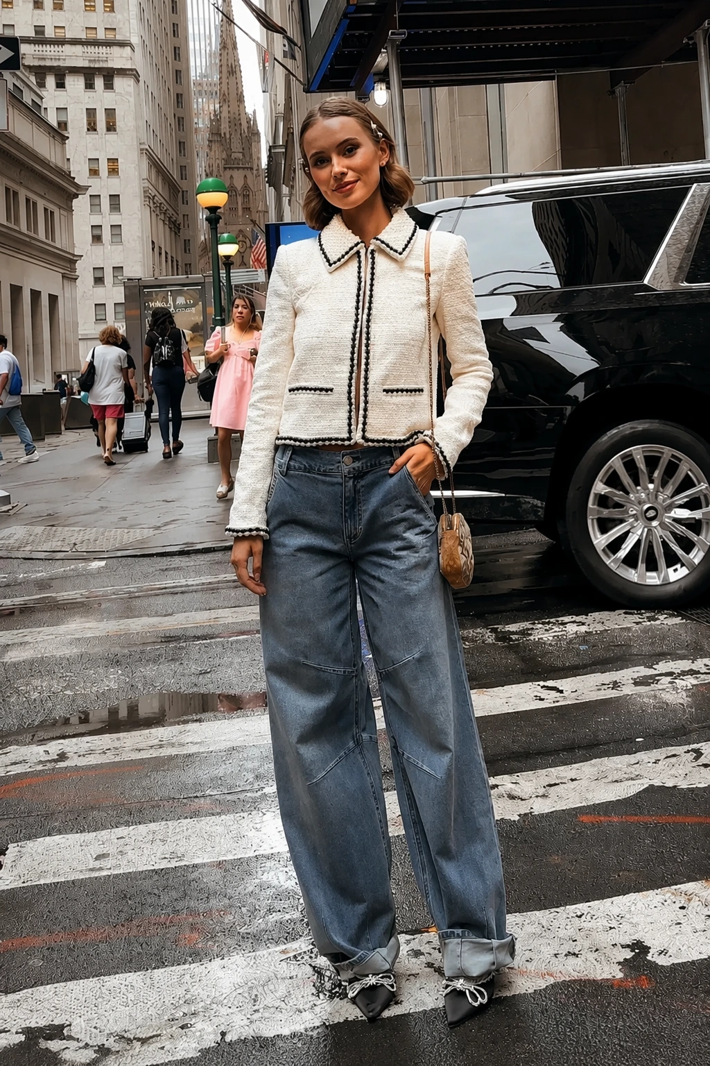 White Tweed Cropped Jacket + Light Blue Baggy Jeans + Black Pointed-Toe Heels