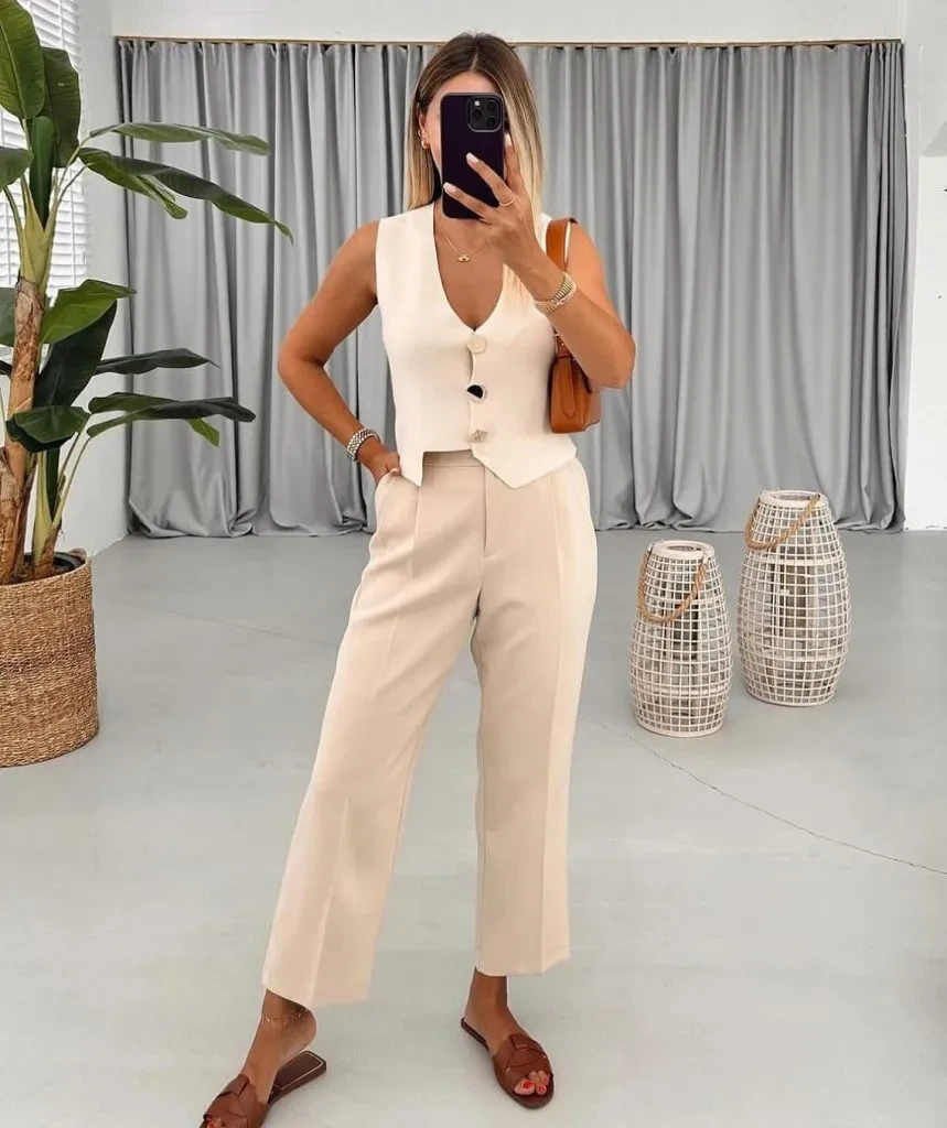 3- White Vest With Beige Pants