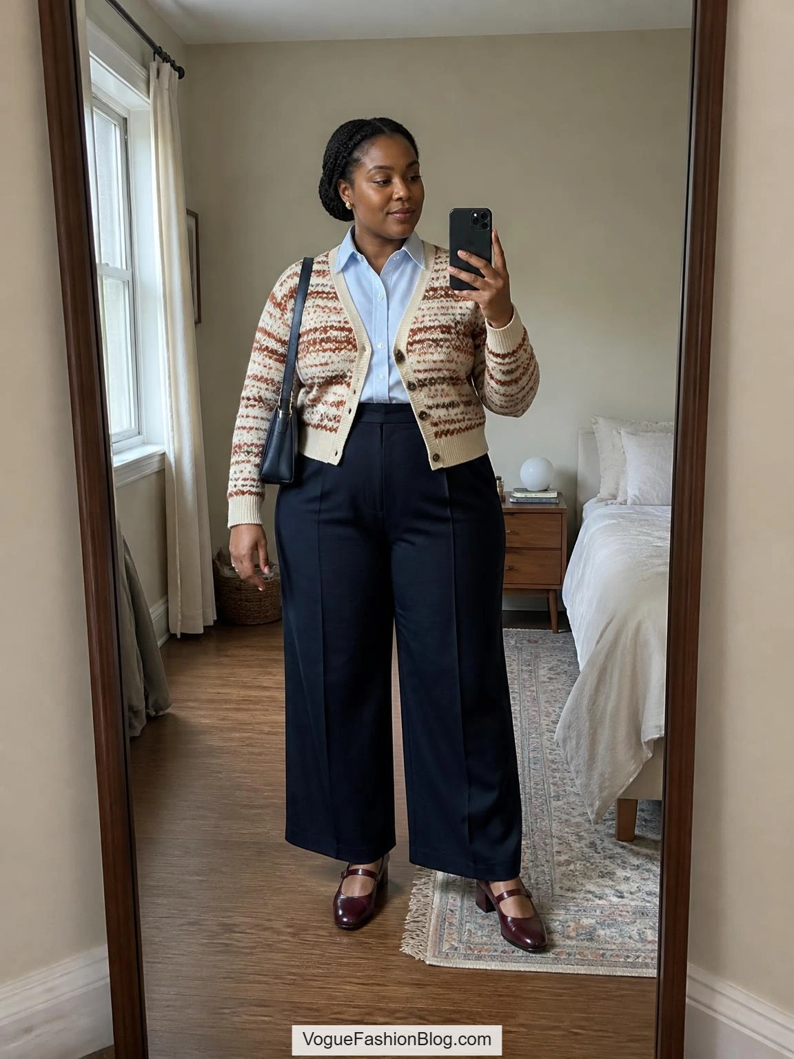 Plus size fall outfits feature navy wide-leg trousers, a Fair Isle cardigan, and oxblood Mary Janes in a bedroom mirror selfie