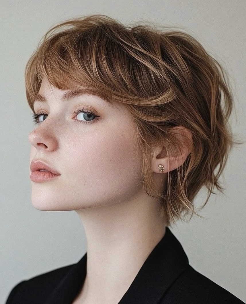 Wispy-Banged Long Pixie Haircut in Light Brown