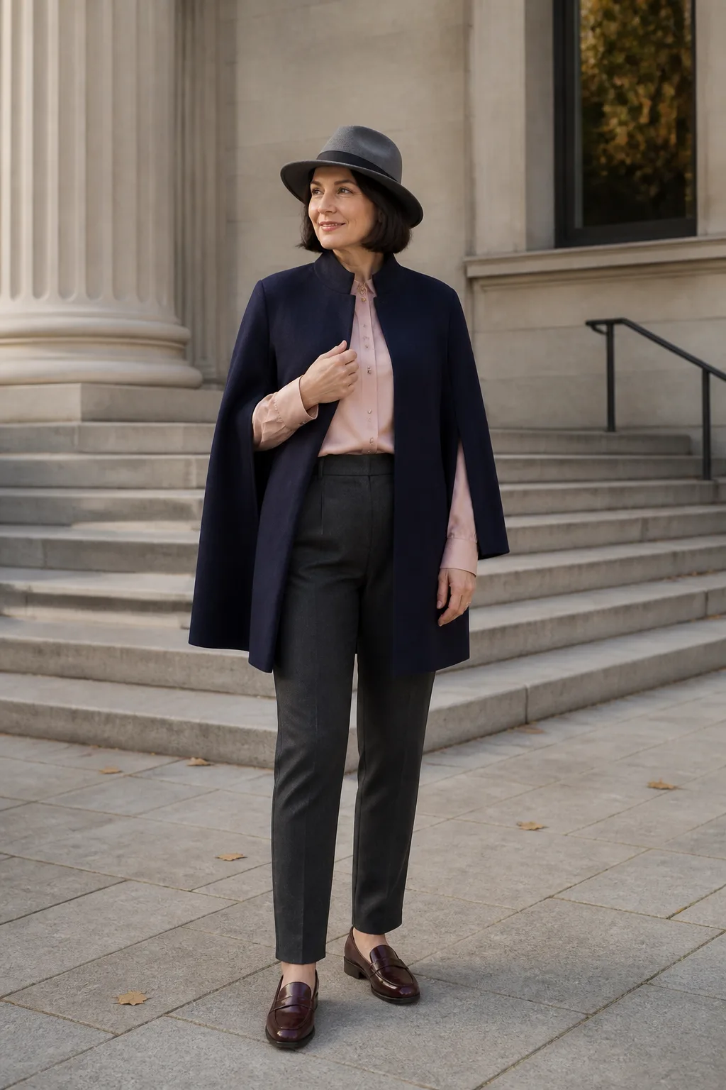 Wool Cape, Blouse, and Tailored Trousers