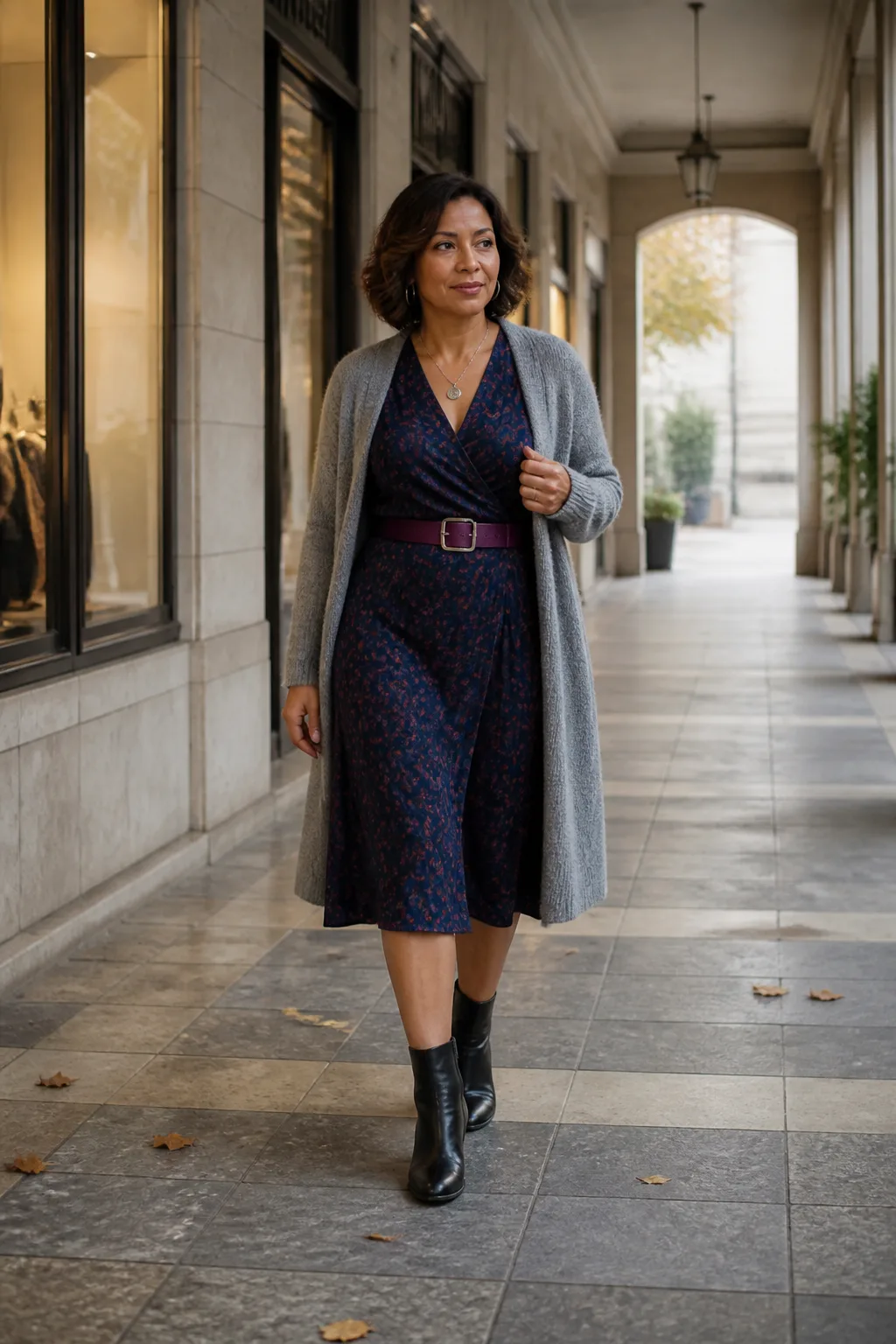 Wrap Dress, Long Cardigan, and Ankle Boots