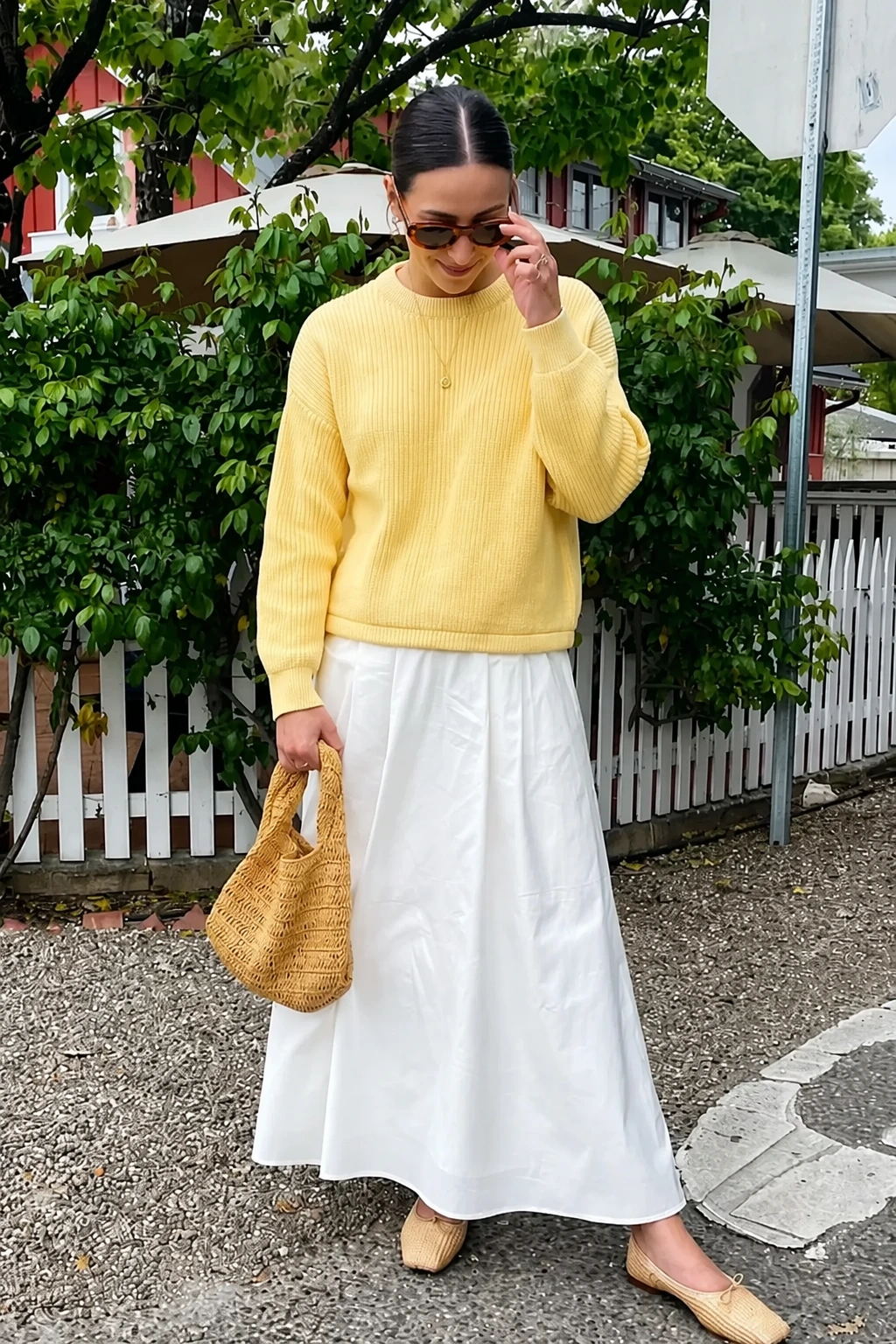 Yellow Knit Sweater + White Midi Skirt + Tan Woven Flat Mules