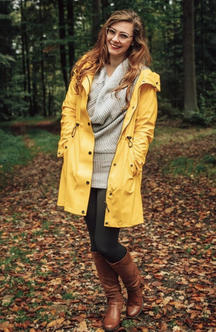 Yellow Raincoat + Grey Sweater Dress + Brown Knee-High Boots