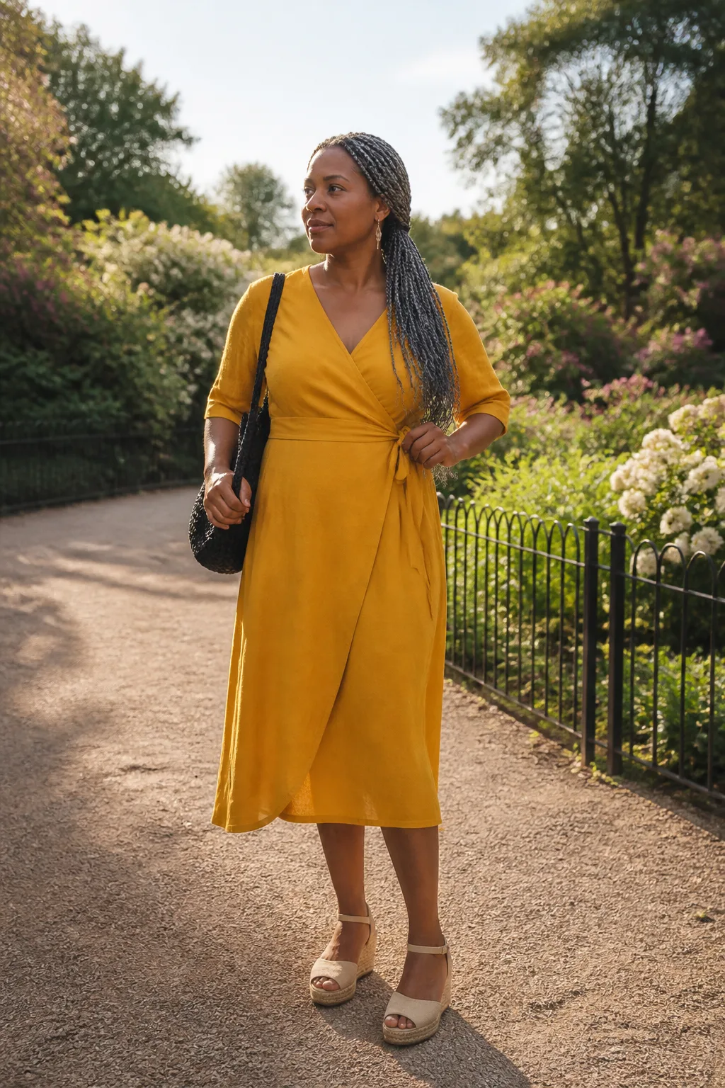 Yellow Wrap Dress with Espadrille Wedges