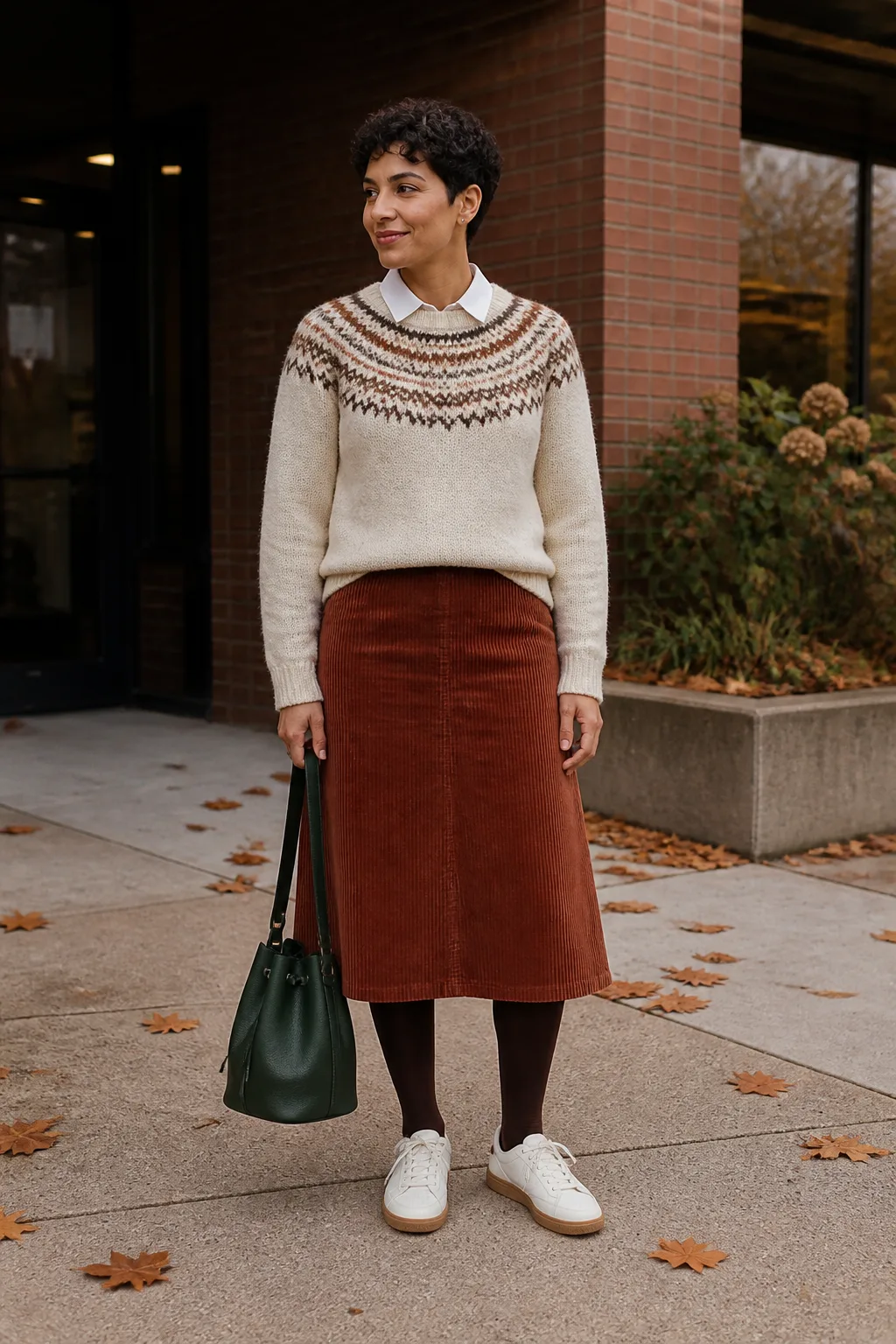 A-Line Corduroy Skirt, Fair Isle Sweater, and White Sneakers