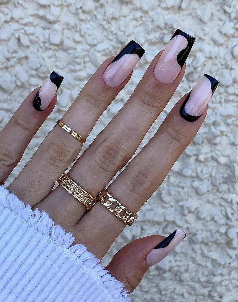 Abstract Black Tip Almond Nails