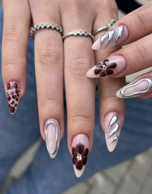 Abstract Chrome and Burgundy Floral Stiletto Nails