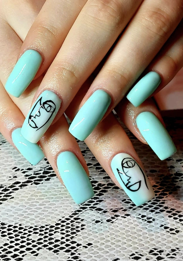 Abstract Line Art on Tiffany Blue Nails