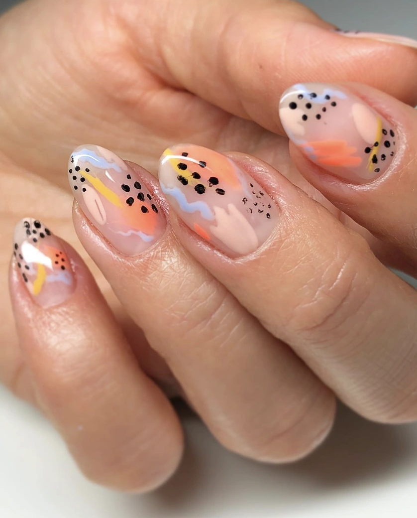 Abstract Pastel Almond Nails with Black Dot Accents