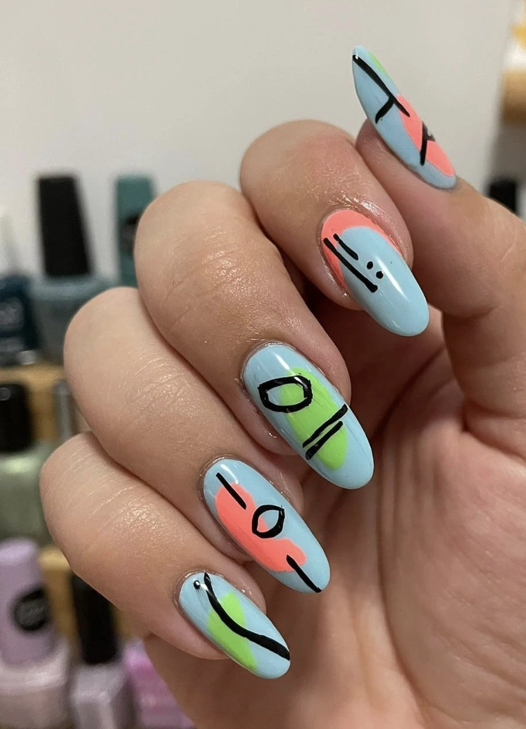 Abstract Pastel Almond Nails with Minimalist Black Outlines