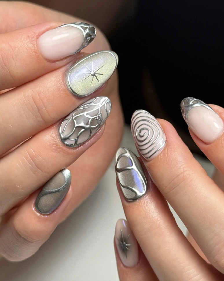 Abstract Silver Chrome Nail Art on Almond Shaped Nails