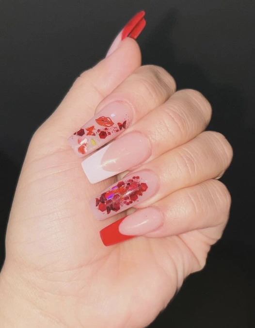 Acrylic Square Nails with Red Glitter and French Tip Accents