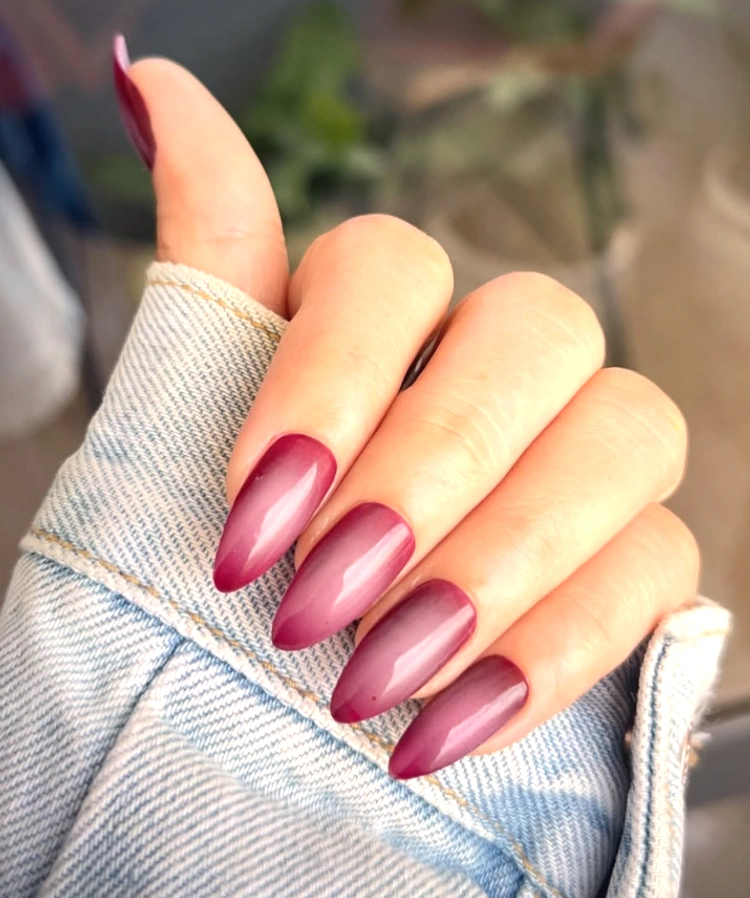 Almond Aura Nails Pink Ombre on Denim