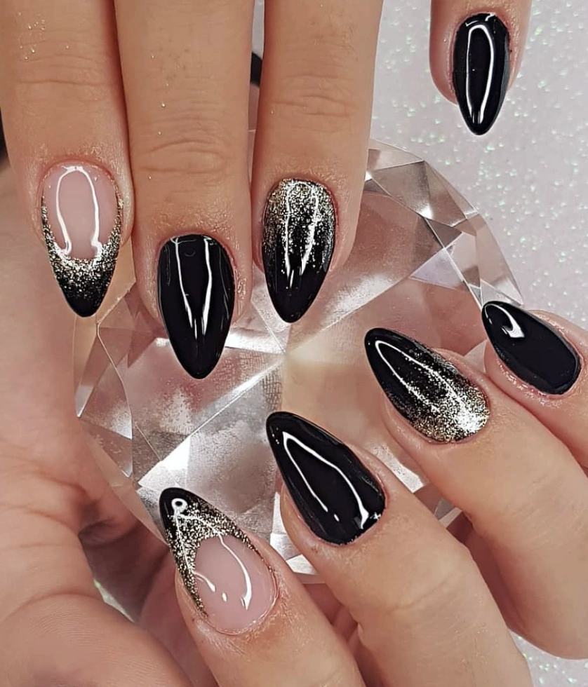 Almond Black Nails with Silver Glitter Fade