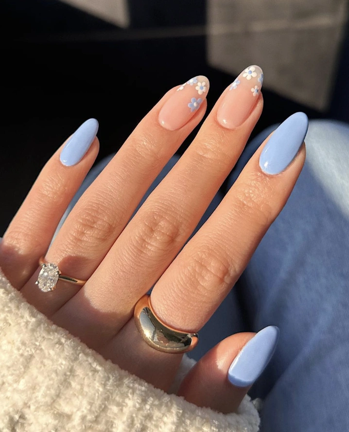Almond “Blue Nails” with Floral Accent Tips