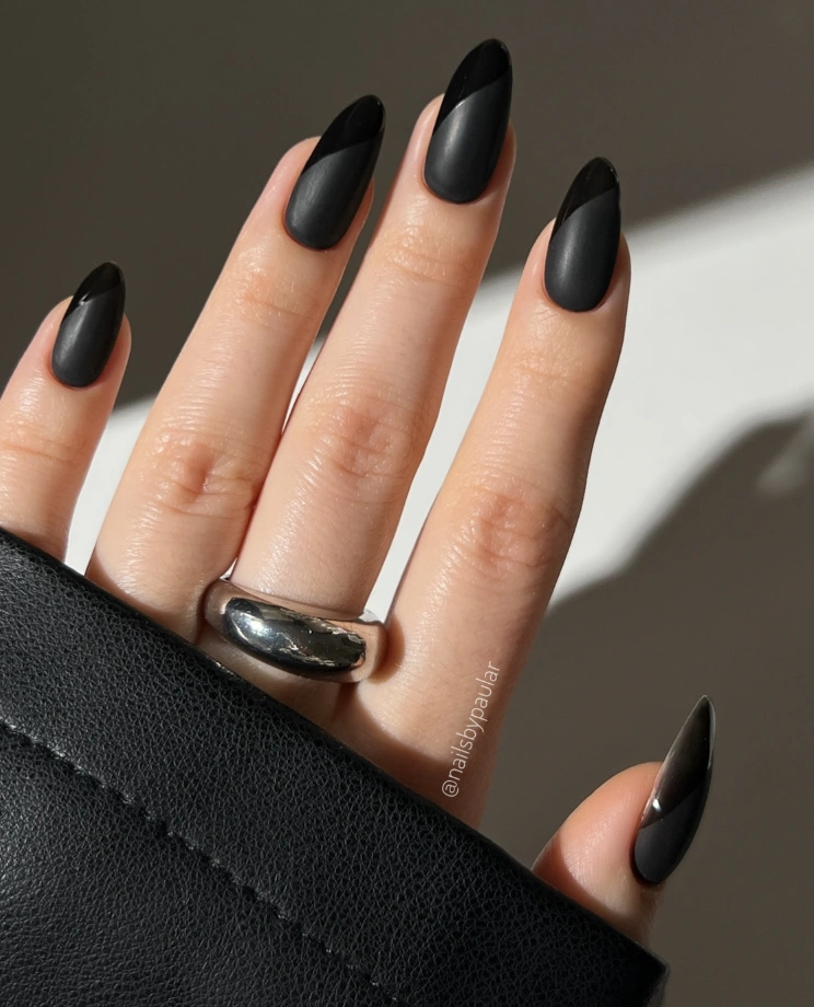 Almond Matte and Glossy Black Color Block Nails
