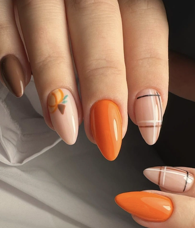 Almond Nails in Warm Orange and Earthy Brown