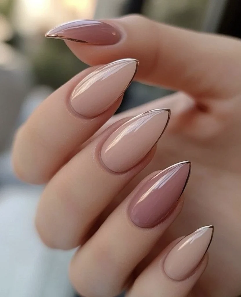 Almond Nails: Nude Ombre with Gold Detail