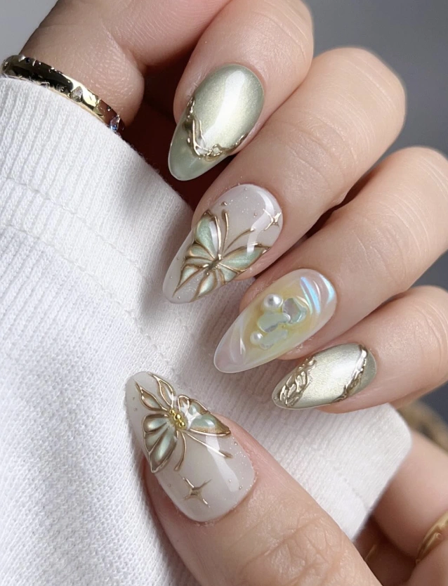 Almond Nails with 3D Butterfly Accents and Pearl Details
