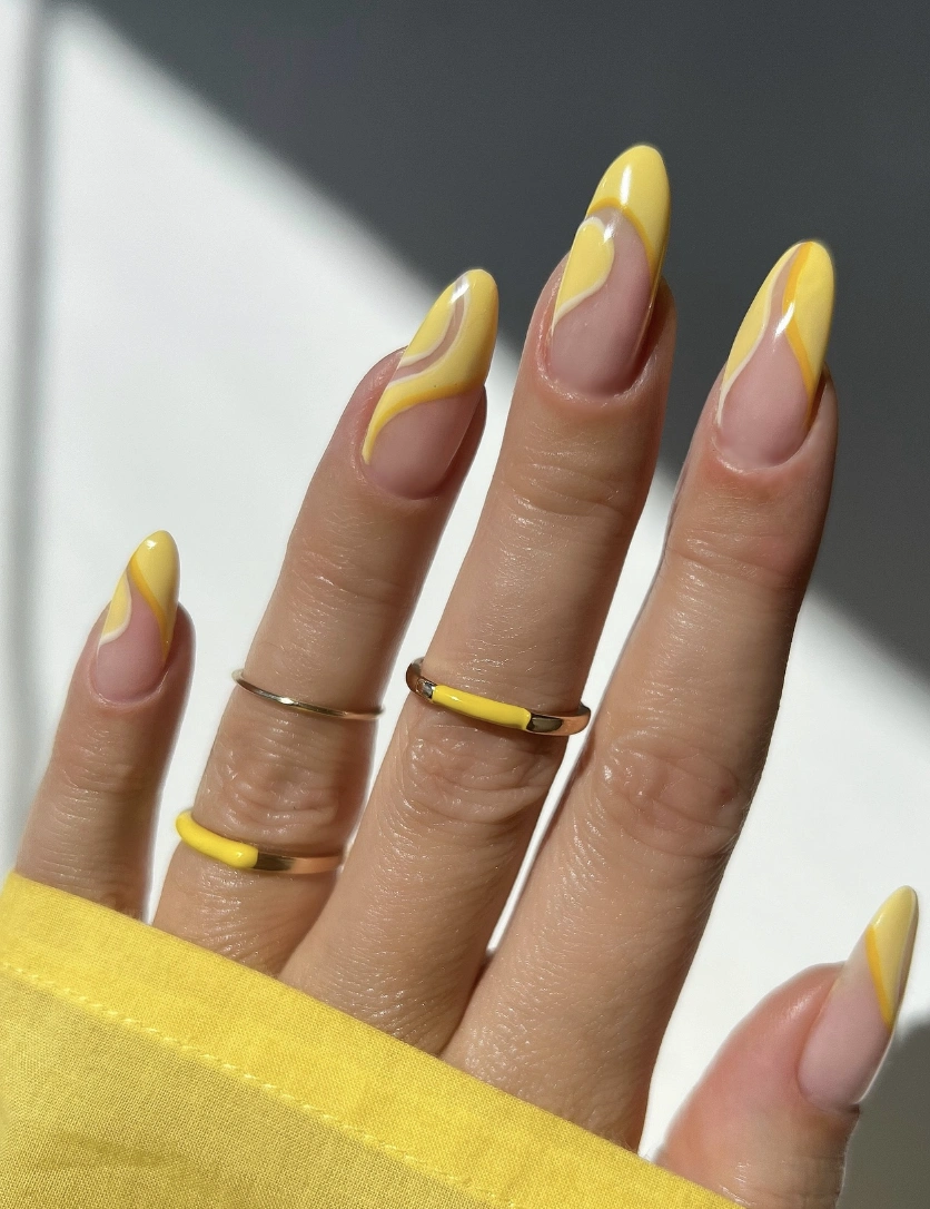 Almond Nails with Abstract Pastel Yellow Waves