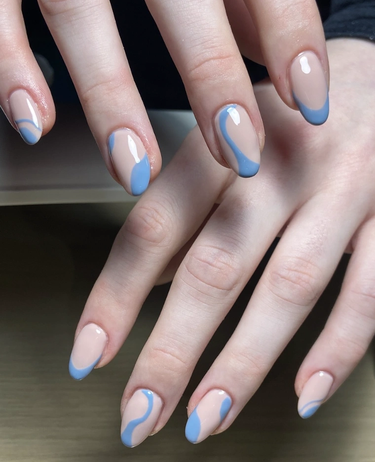 Almond Nails with Baby Blue Abstract and French Tips