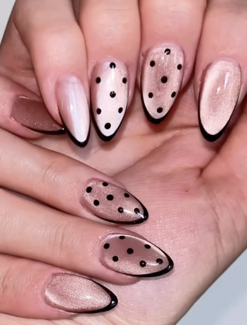 Almond Nails with Black Border and Polka Dots