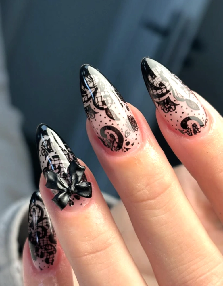 Almond Nails with Black Lace and 3D Bow