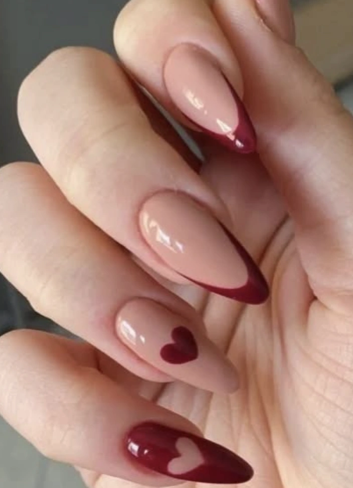 Almond Nails with Burgundy French Tips and Heart Accent