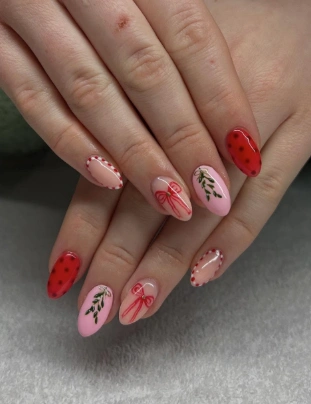 Almond Nails with Candy Cane French Tips, Red Bows and Foliage