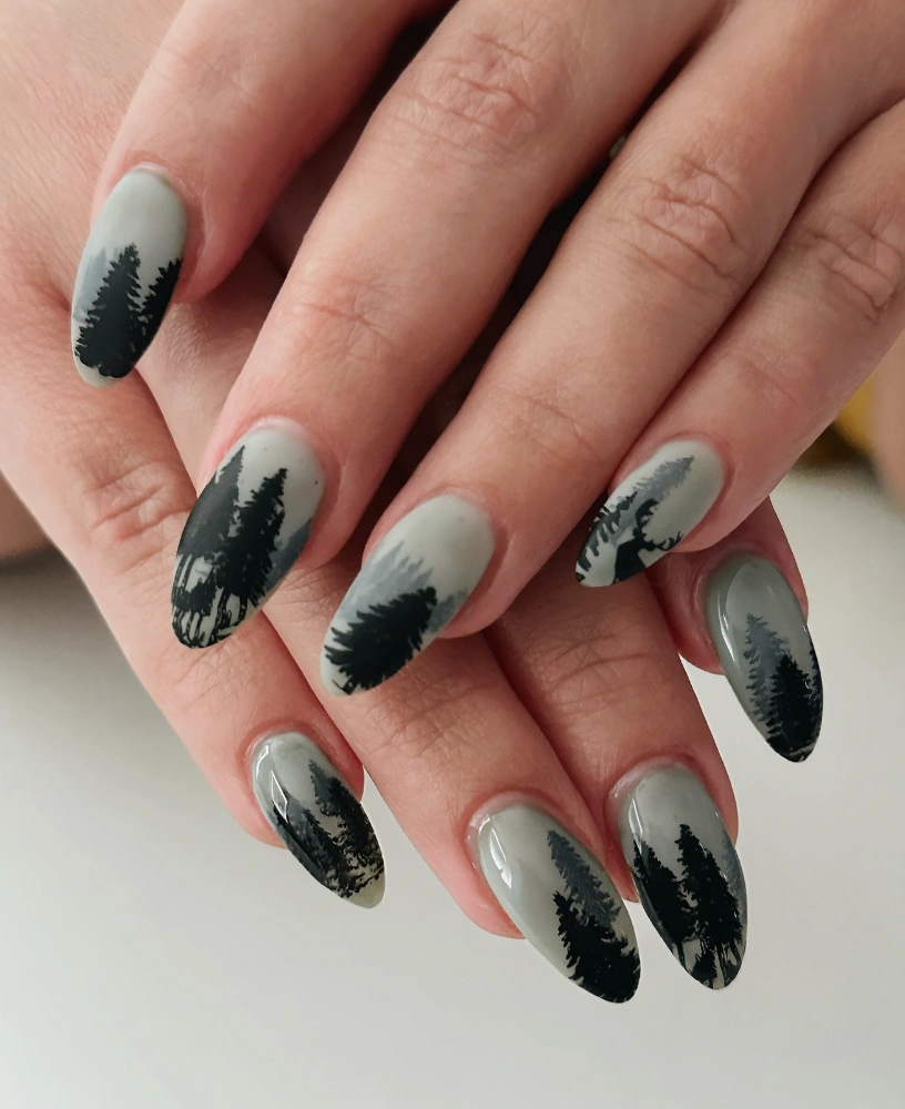 Almond Nails with Forest Silhouette on Pale Grey